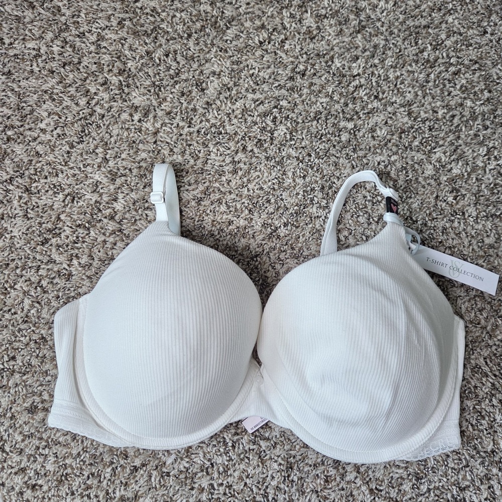 Victoria's Secret Ribbed White 38DD Padded‎ T Shirt Bra Full Coverage Bra Lace - Picture 3 of 8